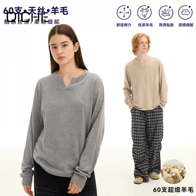 QICHE 2026 Unisex Old Money Style 60S Tencel Wool V Neck Knit Top, Solid Long Sleeve Base Layer T-shirt for Men Women
