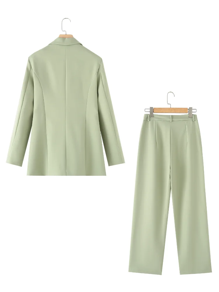 Tangada 2024 Women Sets Tracksuits Green Two Piece Set Tweed Blazer And Pants Female Set DA012