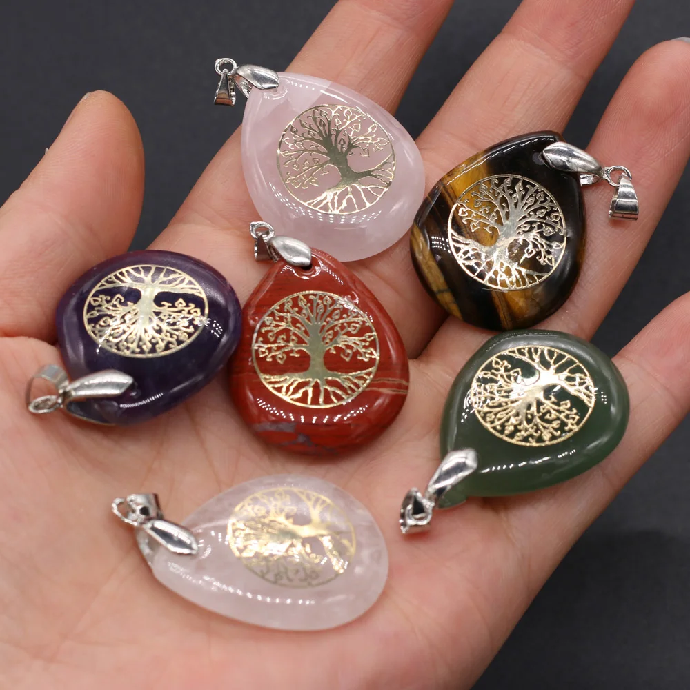 Natural Stone Pendant Water Drop Shape Metal Alloy Pendant Seven Chakra Reiki for DIY Jewelry Necklace Accessories 25x32mm