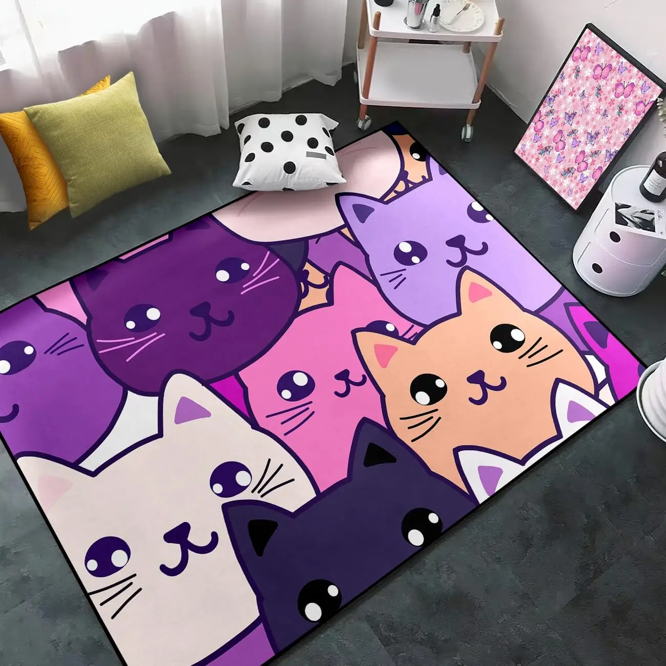 Cartoon Cat Rug for Girls Bedroom Purple Cat Rugs Room Decor for Boys Girls Lovely Animal Print Carpet for Bedroom Living Room