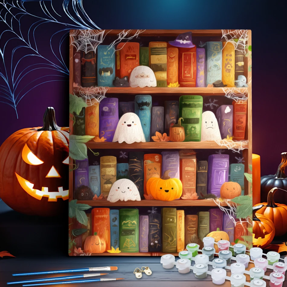 

RUOPOTY Painting By Numbers Draw Cute Ghost Bookcase Framed Wall Art Modern Oil Watercolors Crafts Supplies Adults Paint Kit Set