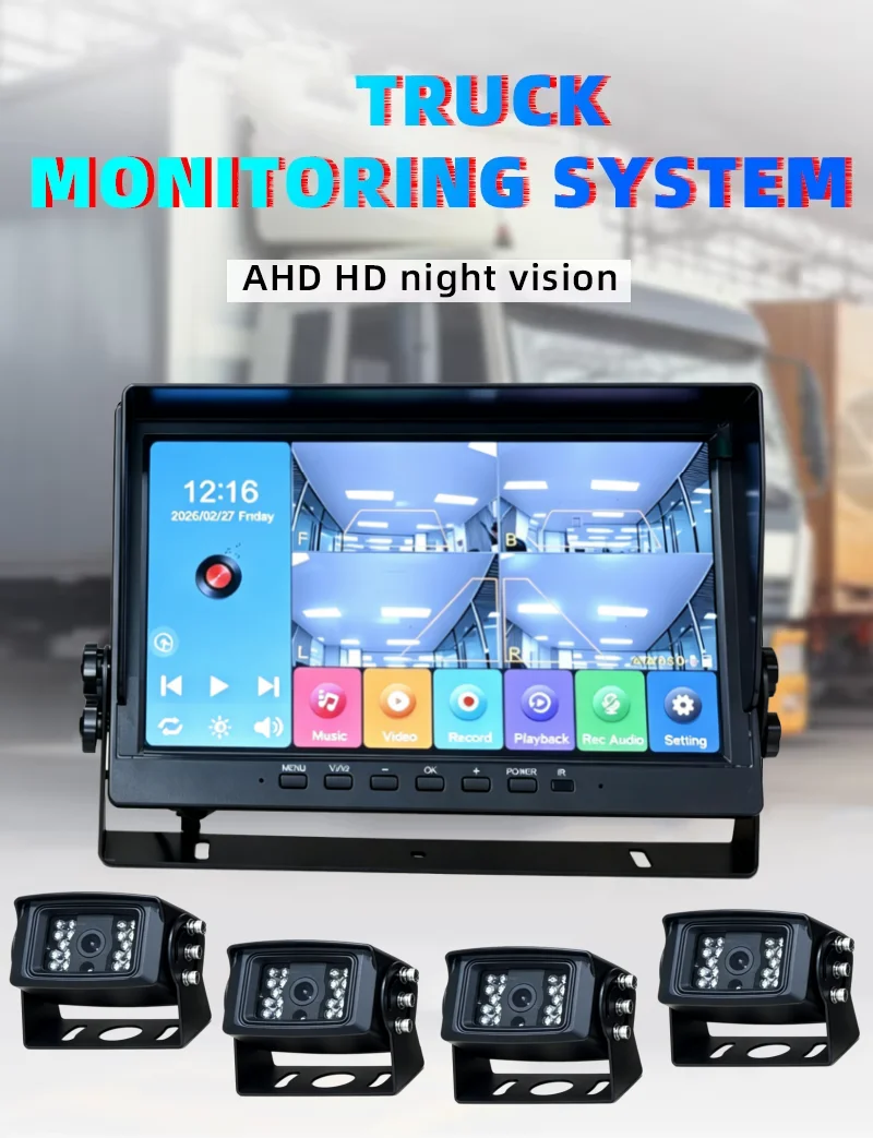 10.1 Inch 4 Camera Truck Driving Recorder Monitor Synchronous Video Display 1080P Blind Spot Warning Night Vision Waterproof