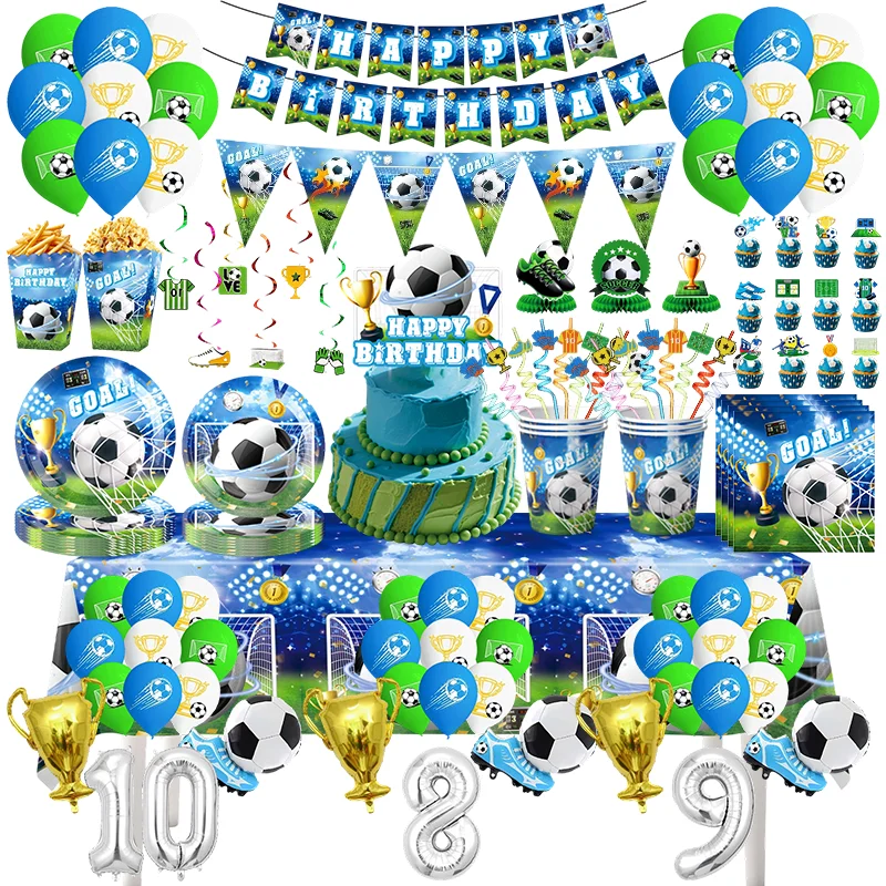 NEW Soccer Birthday Decorations Ballons Tableware Plates Cup Napkin Tablecloth Banner Gift Bag Football Theme Party Supplies Boy