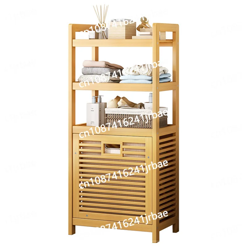 Dirty Clothes Storage Basket with Shelf 3/4 Tier Wooden Bamboo Storage Hamper Multi-function with Tilt Out Basket Bathroom Rack