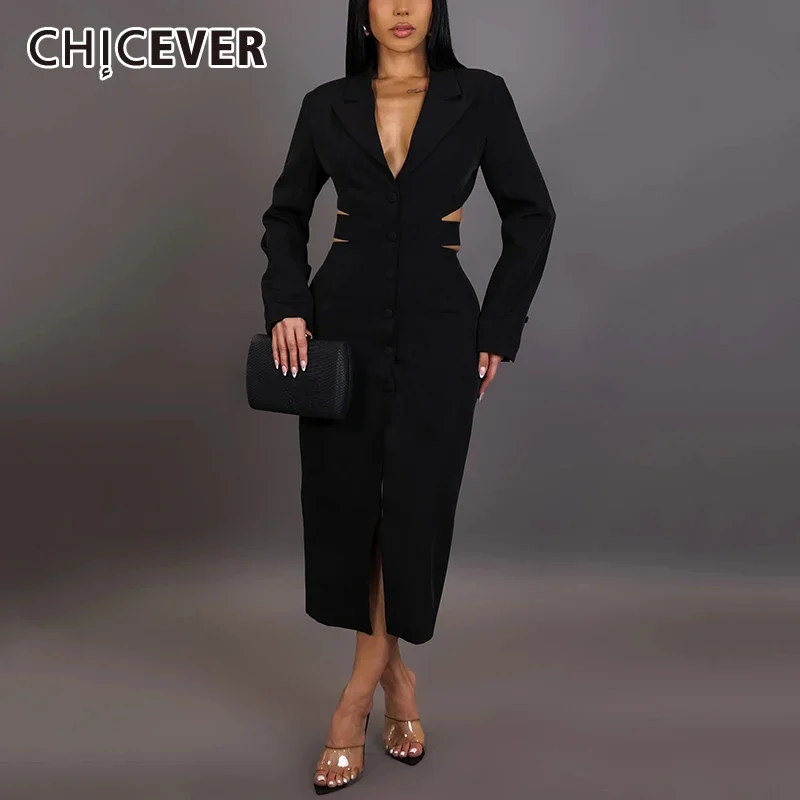 

CHICEVER Solid Hollow Out Patchwork Belt Blazers for Women Notched Collar Long Sleeve Spliced Buttons Slim Trench Female Style