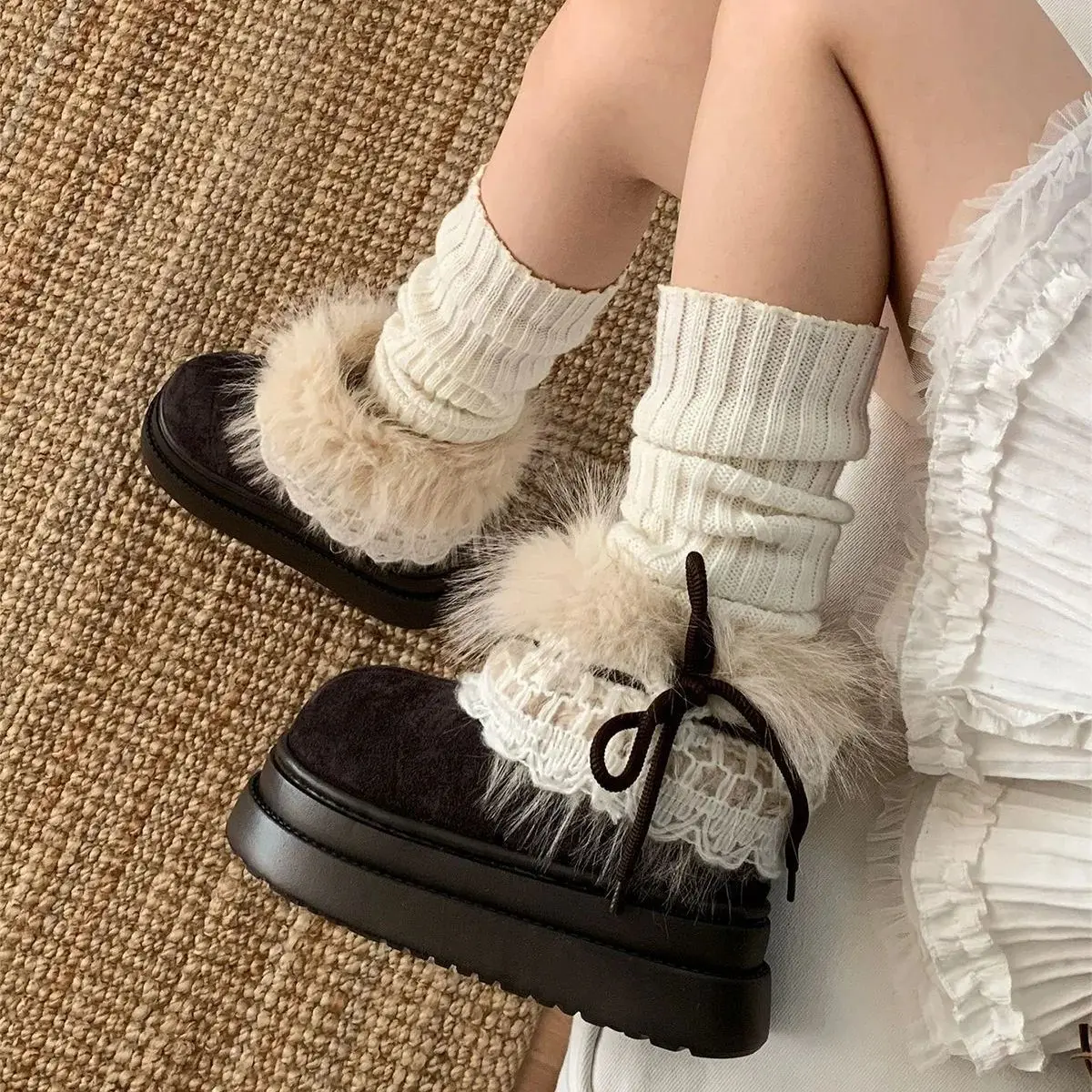 

Fair Isle Snow Boots Women Winter Vintage Style Height-Enhancing Thick Soles Fleece Warm Short Boots Cotton-Lined Footwear