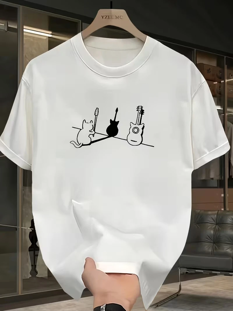 T-shirt noir avec graphique minimaliste de guitare et de musique chat – T-shirt ample à col rond pour un usage quotidien et formel – Toutes saisons