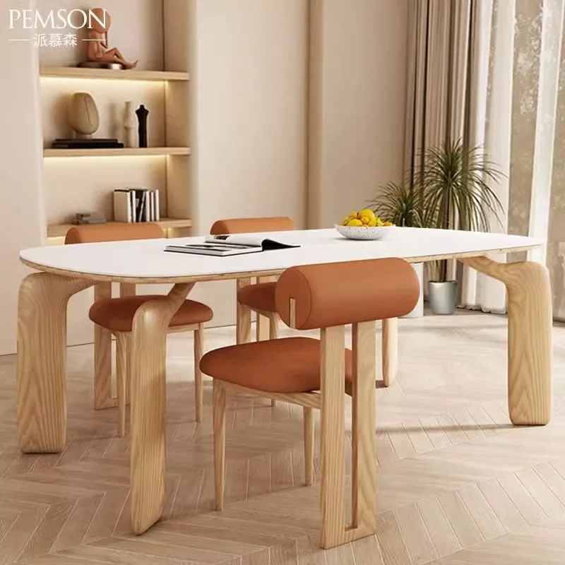 

XL Log Cream Style Light Luxury Modern Stone Plate Solid Wood Rectangular Dining Table and Chair