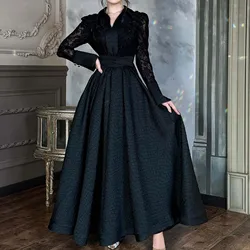 Fashion Embroidery Lace Evening Gown Vintage French Long Sleeve A-Line Party Dress Women Fashion Pleated Formal Maxi Dresses