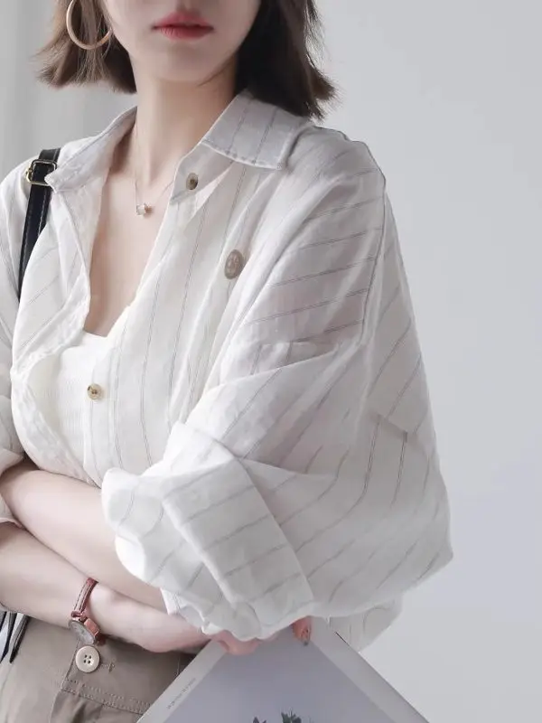 

Japanese Style plus Size Striped Shirt Women Loose Long Sleeve Turn-down Collar Single Button Spring Fashion Casual Top