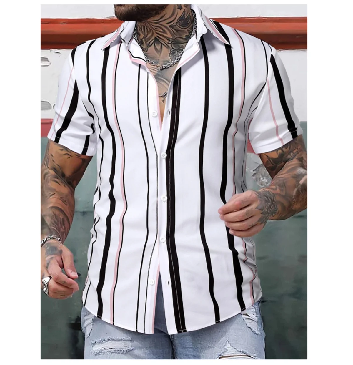 Camisa de lapela masculina havaiana de manga curta listrada, moda verão, roupa confortável de alta qualidade, rua, 2024