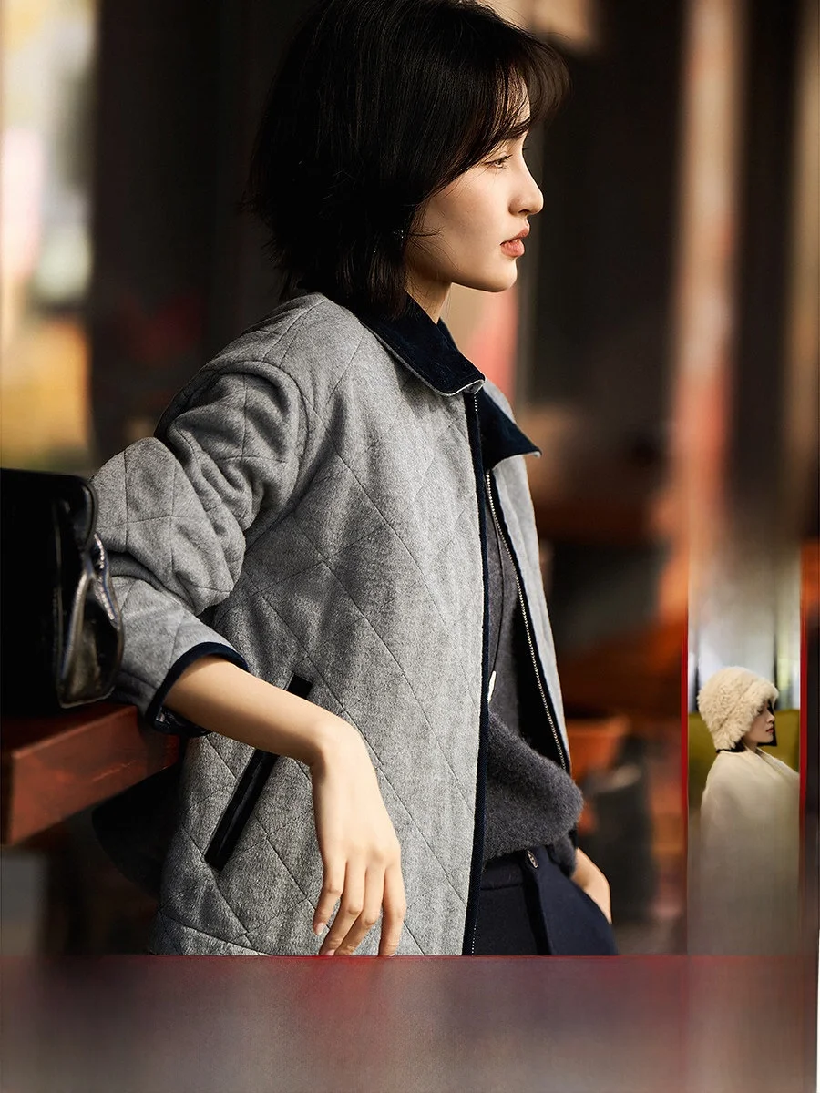 

Женская шерстяная куртка с отложным воротником, стеганая, осенне-зимняя, модная, с ромбовидным узором, на молнии