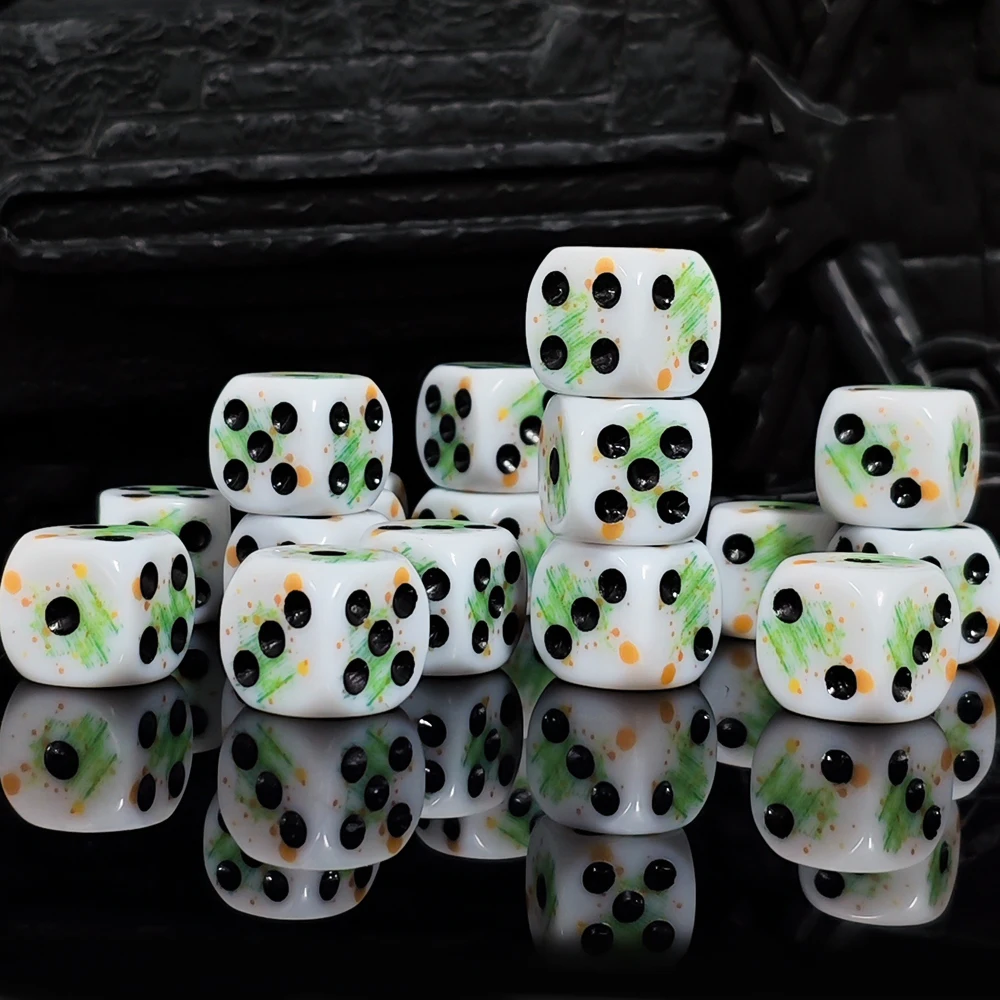 10Pcs/set 16mm 6-Sided White Dice with Green & Orange Splatter, Round Corner D6 Dice Set for Board Games, Tabletop RPGs, DND view 5