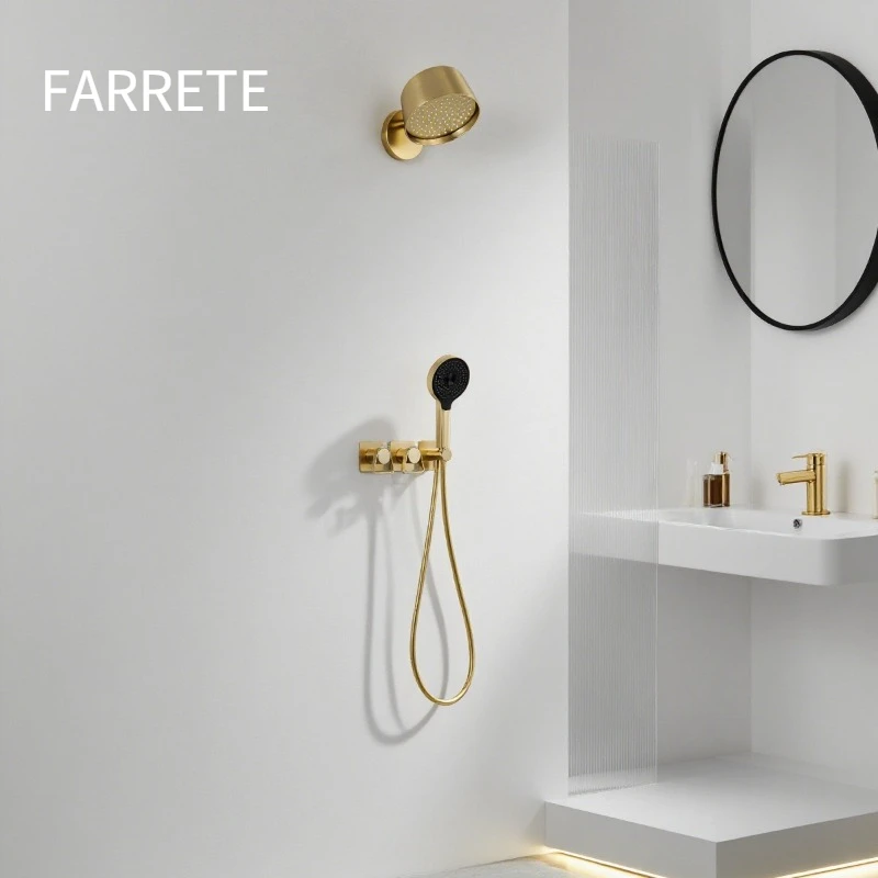 FARRETE luxury all-copper brushed gold recessed shower head set, built-in wall-mounted bathroom cold and hot ceiling shower head