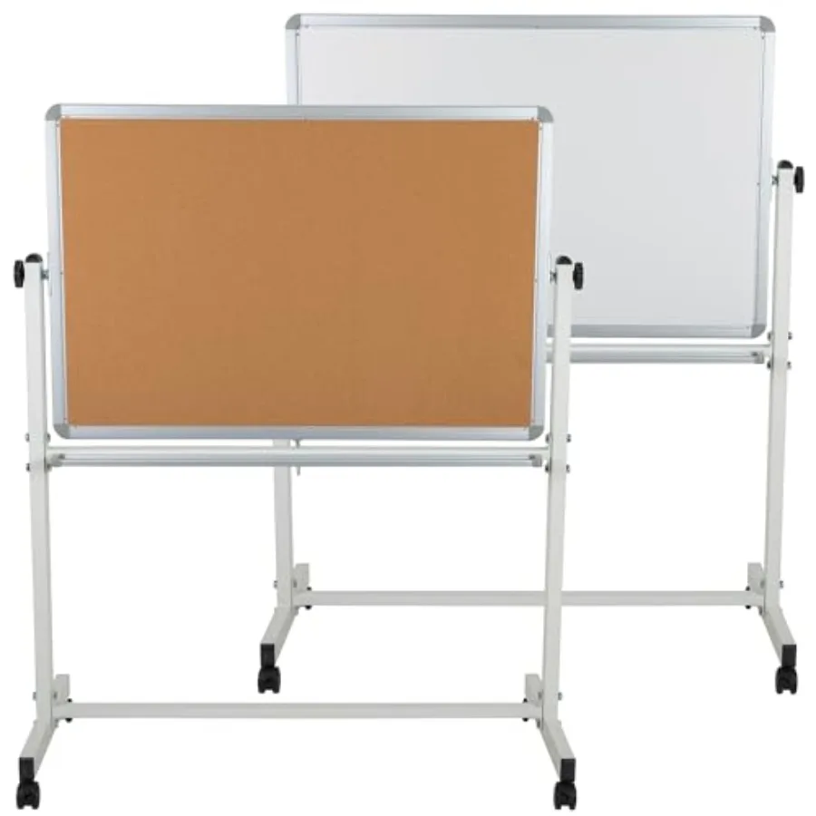 

HERCULES Series 45.25"W x 54.75"H Reversible Mobile Cork Bulletin Board and White Board with Pen Tray