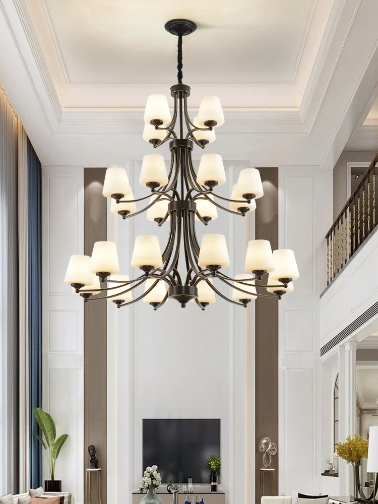 

American duplex building empty living room large chandelier hall main lamp loft villa self-built house retro staircase long