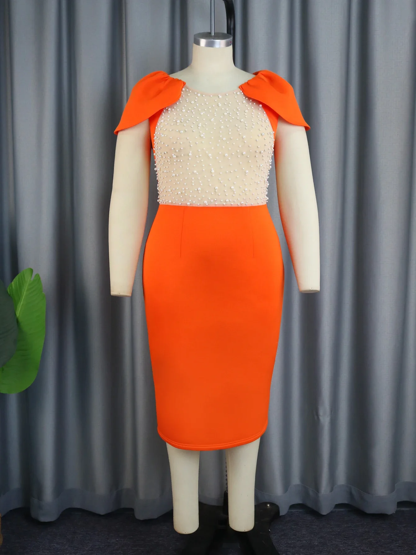 Plus Size Patchwork Midi Dresses for Ladies O Neck See Through Beading Orange Bodycon Cocktail Evening Birthday Outfits 2024