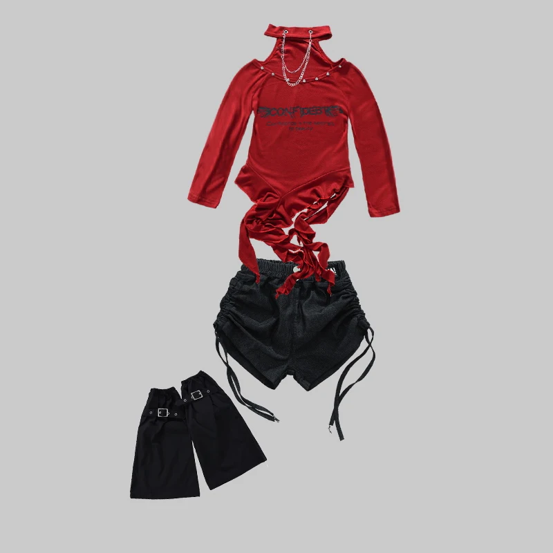 Meisjes Jazzdans Kostuum Onregelmatige Rode Tops Zwarte Broek Hip Hop Kpop Prestaties Kleding Lange Mouwen Straat Kleding BL17100