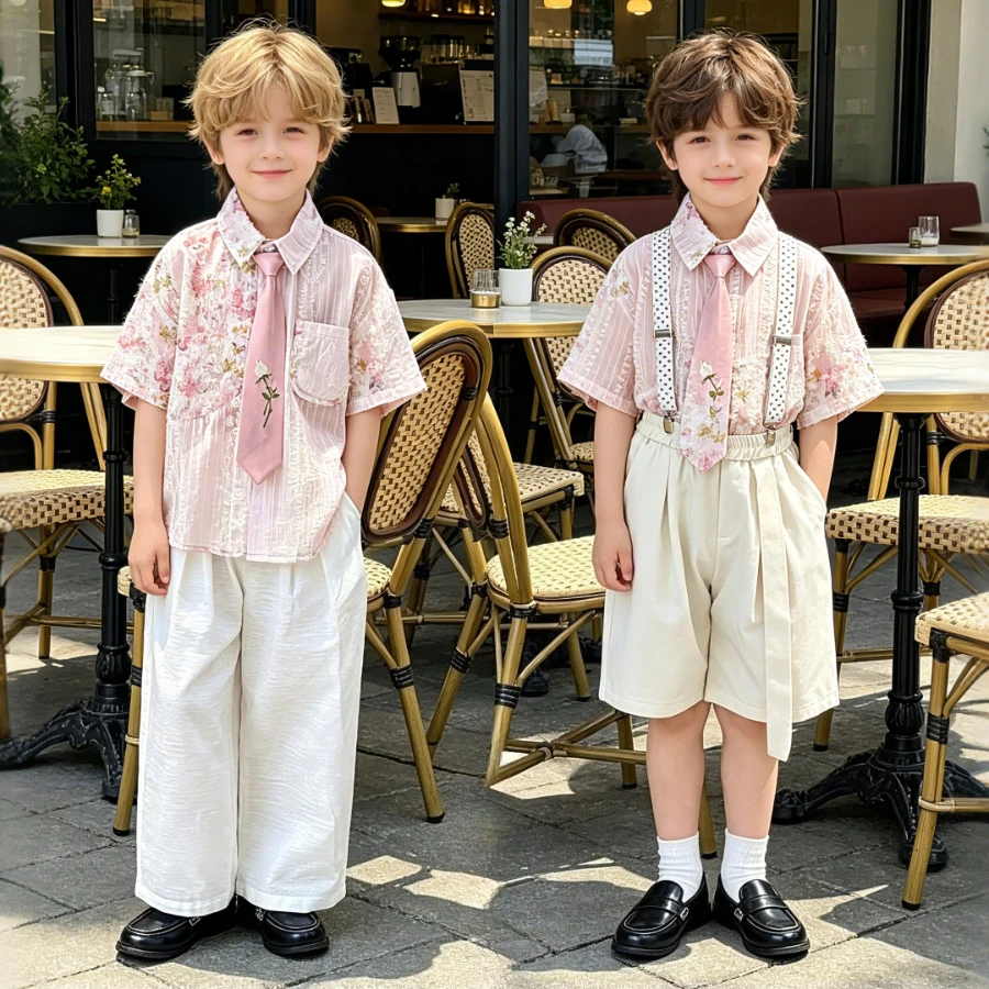 Boys Floral Outfit Set Pink Sheer Shirt + Beige Shorts/pants with Polka Dot Suspenders & Tie Summer Wedding Birthday Party Wear
