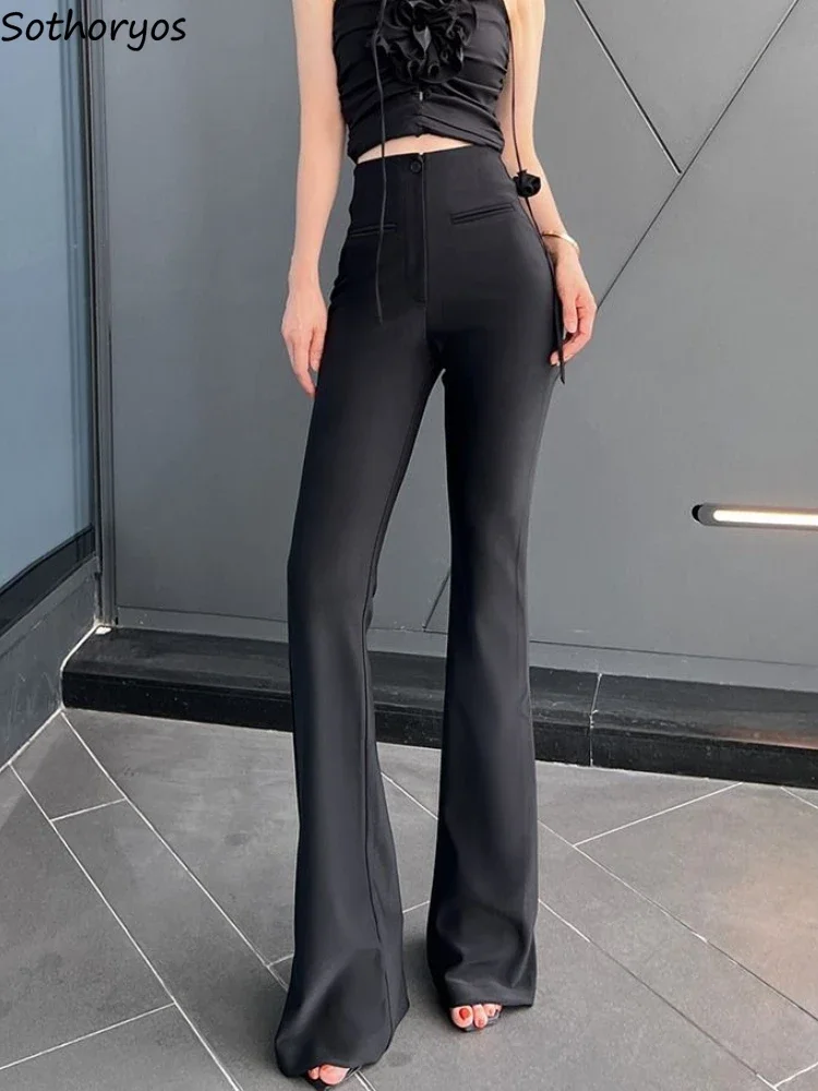 

Women High Waist Pants Solid Elegant Slim Design Trendy Streetwear Casual Boot Cut Hotsweet French Style Mujer All-match Simple