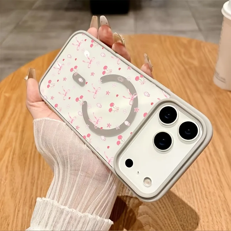 For iPhone 17 Pro Max 16 15 14 13 12 11 Case Cartoon Pink Cherry Small Bow Magnetic Cover For iPhone Air 17E 16E 16 Plus Fundas - view 4