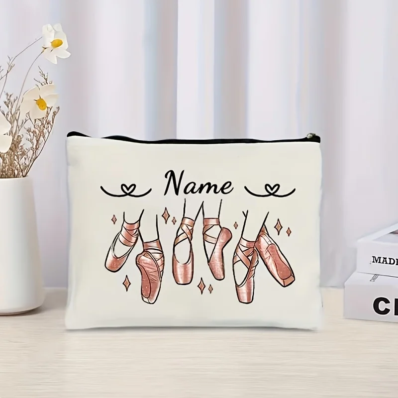 Ballet Themed Makeup Bag with Custom Name Travel Cosmetic Pouch with Zipper Closure Pink Ballet Shoes Design Dancers Women Gifts