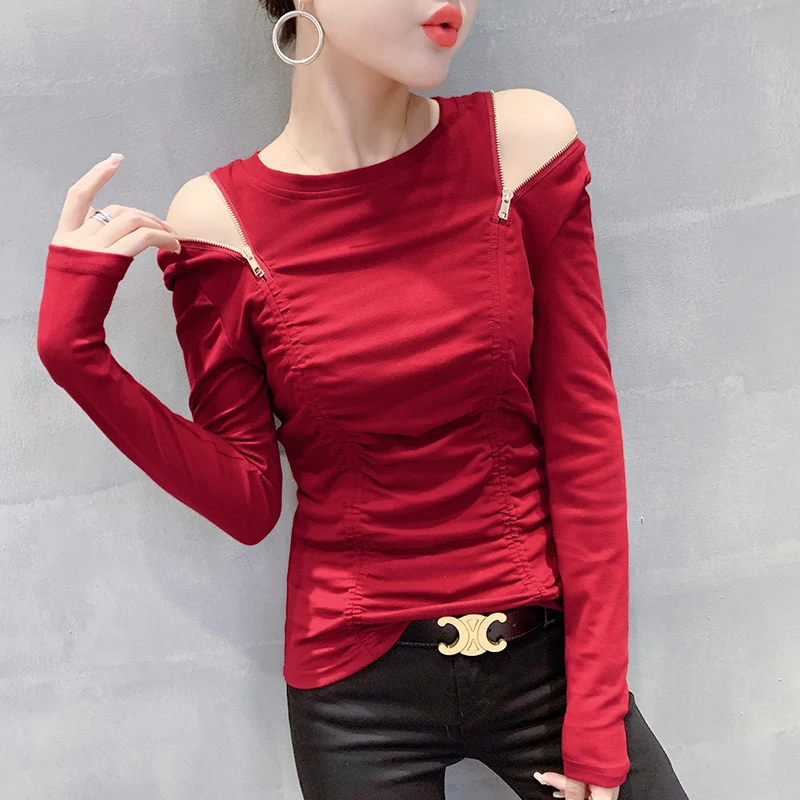 MadBlack, European Clothes T-Shirt, Women Sexy Mock Neck Zippers Tops, Long Sleeve Fashion Slim Tee, Autumn Winter New T485137QM