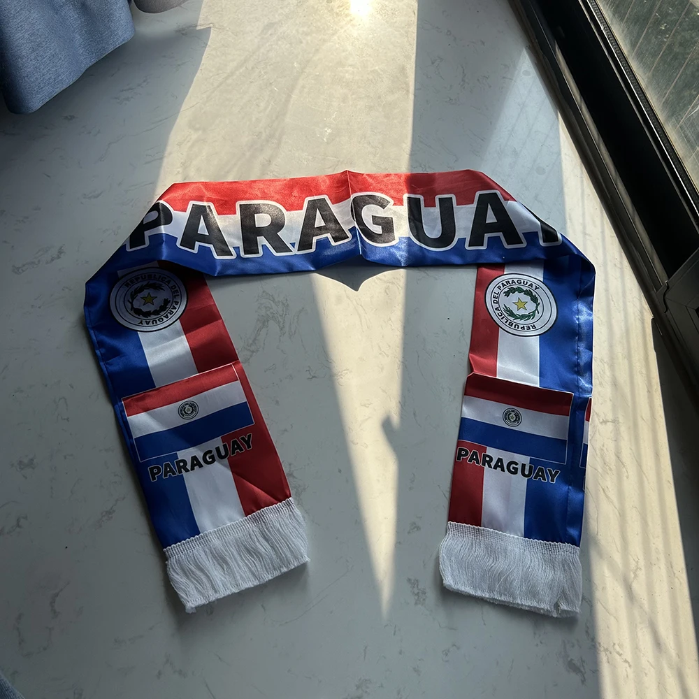 (SKY FLAG)Paraguay Scarf 14x135cm Double-sided Printed Satin Paraguay Flag Scarf Tassels for Football Cup, Sports, Events
