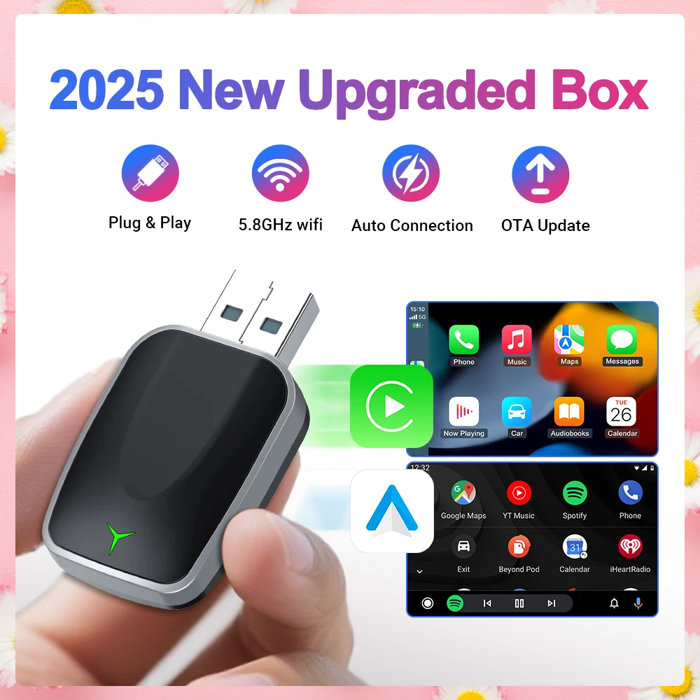 Nueva actualización 2025 CarPlay Box, conexión inteligente inalámbrica estable, unidad de emparejamiento instantáneo, Plug & Play más inteligente, con cable a Mini caja inalámbrica