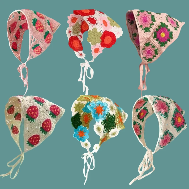 

French Pastoral Style Triangle Headband Handmade Crochet Flower Strawberry Headscarf Hat Knitted Girls Headband Towel