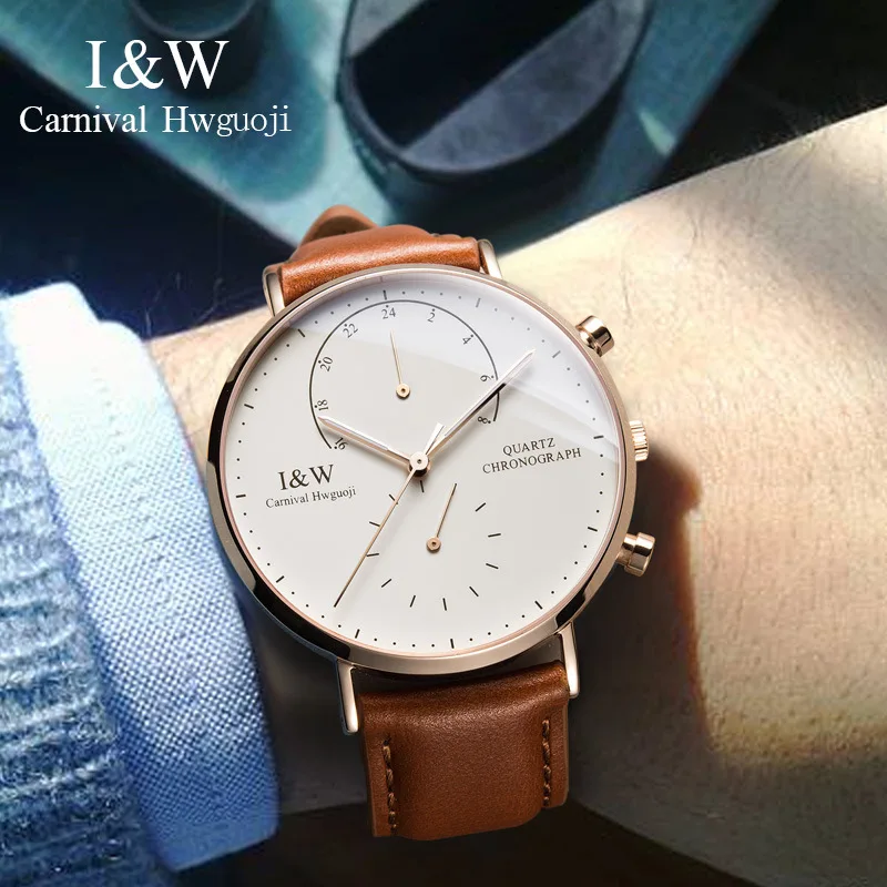 Carnival High-End Series IW Brand Ultra Thin Simple Quartz Watch for Men Luxury Genuine Leather Strap Sapphire Mens Watches