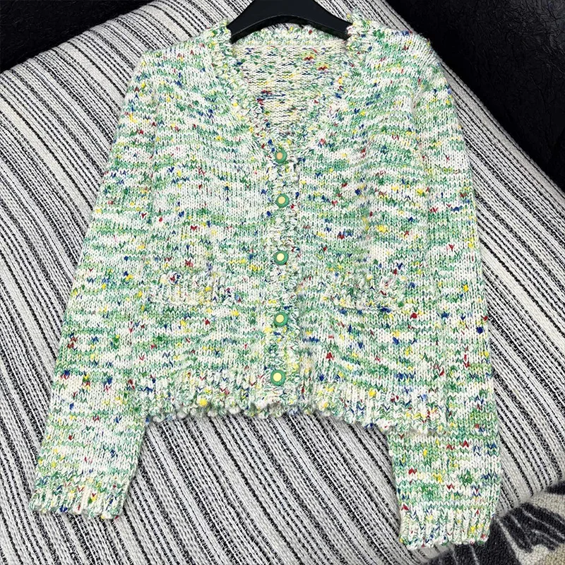 

Высококачественный женский красочный вязаный кардиган с оборками, свитер с V-образным вырезом и воротником на одной пуговице 25100899