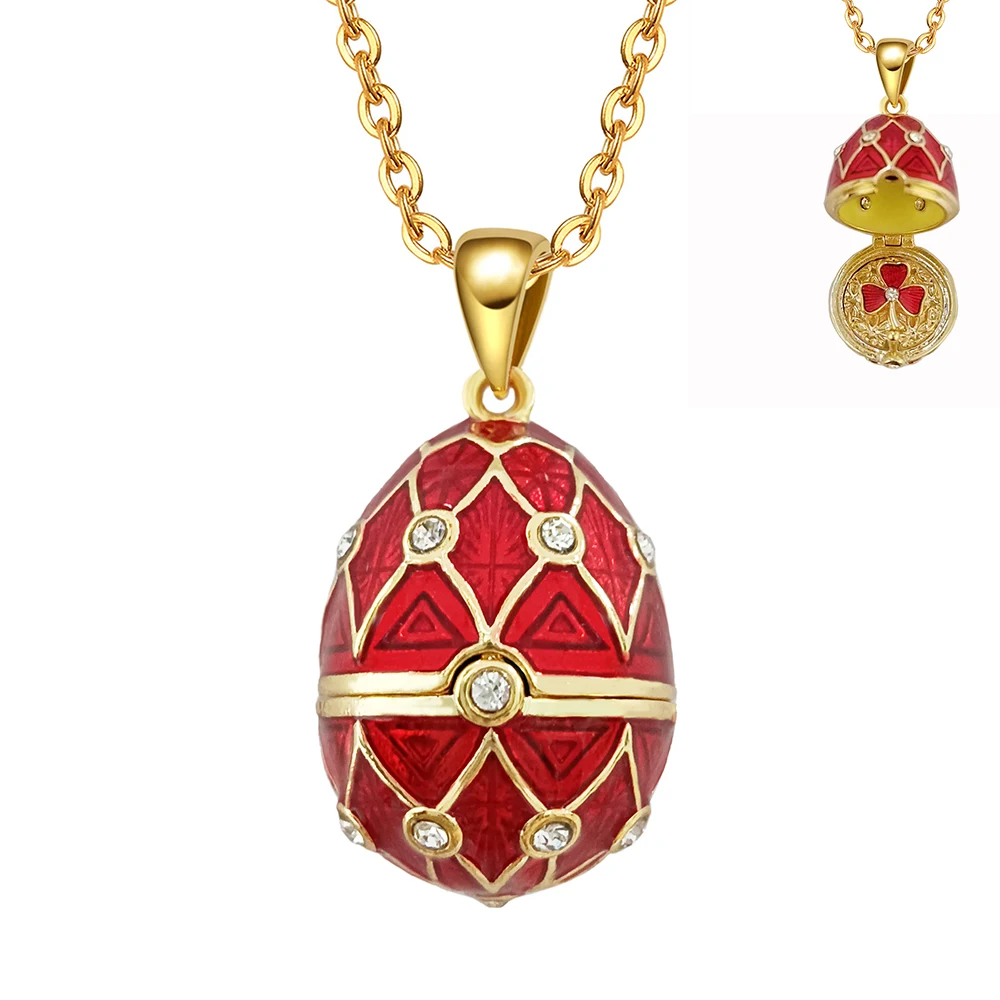 

Enamel Handmade Faberge Easter Egg Pendant Necklace Jewelry Locket Brass Vintage Gridding Clover Inside Gift To Women Girls