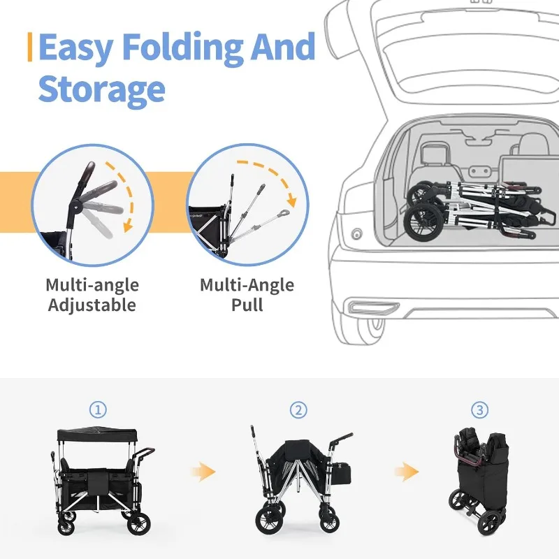 Kinderwagen für 2 Kinderwagen mit 2 hohen Sitzen und 5-Punkt-Geschirre, faltbarer Push-Pull-Stangenwagen, Kinderwagen für den Garten