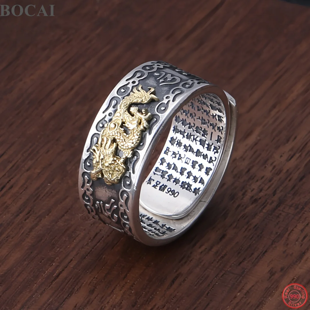 BOCAI New S990 Sterling Silver Charms Rings for Men Women Relief Golden Loong Heart Sutra Adjustable Ring Fine Choice Jewelry