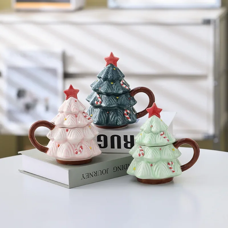 Ceramic Christmas Tree Mug Christmas Tree Shaped Mug with Lid Xmas Coffee Cup Winter Holiday Drinkware Decor  Teacup