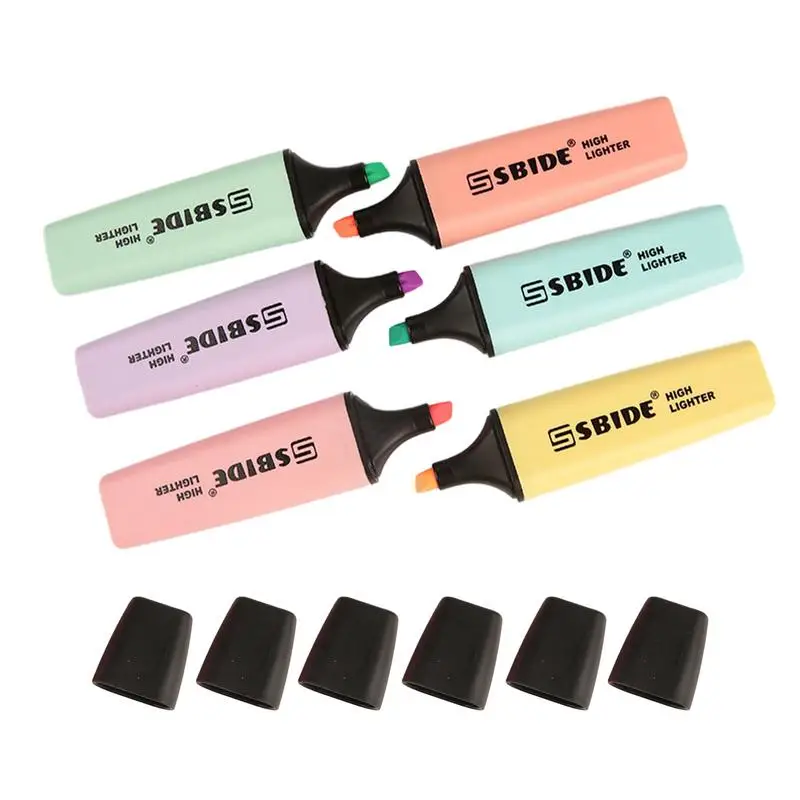 Pastel Flat Single Head Macaron Color Highlighters, Marcadores de caneta de desenho oblíquo, Caneta Fluorescente, Presente de papelaria escolar, 6 pcs por conjunto