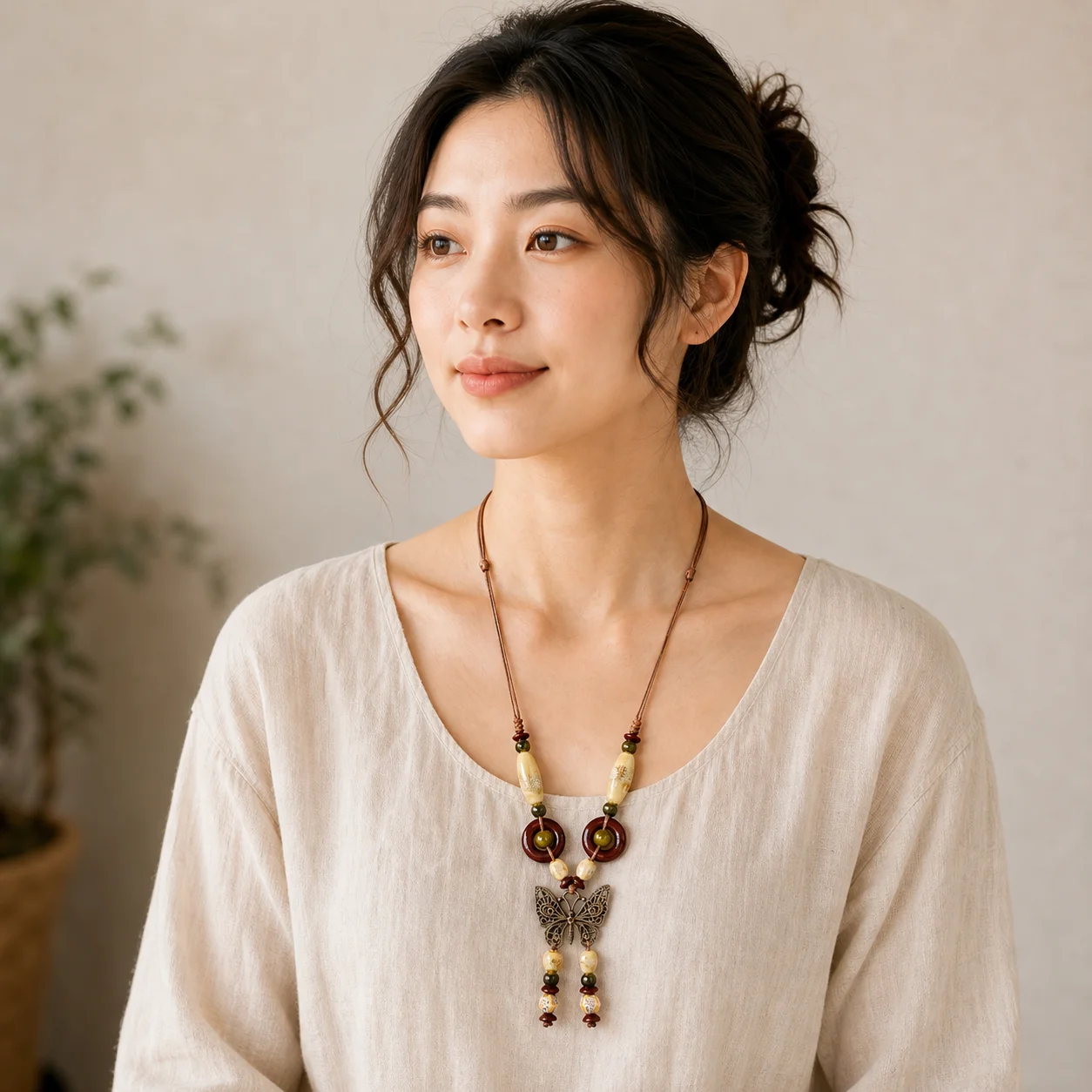 Handmade White Pink Ceramic Butterfly Necklace with Adjustable Waxed Cord,Metal Fittings and Wooden Beads 608P7-07