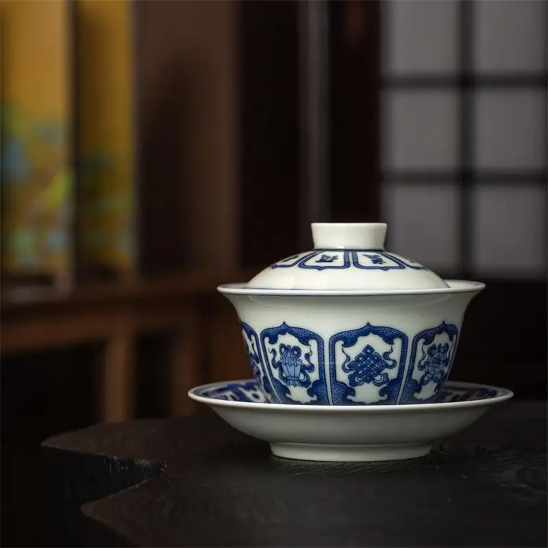 

Jingdezhen Blue and White Eight Treasures Gaiwan Immortals Tea Making Device Ceramic Drinking Cup Kung Fu Set Bowl Cover