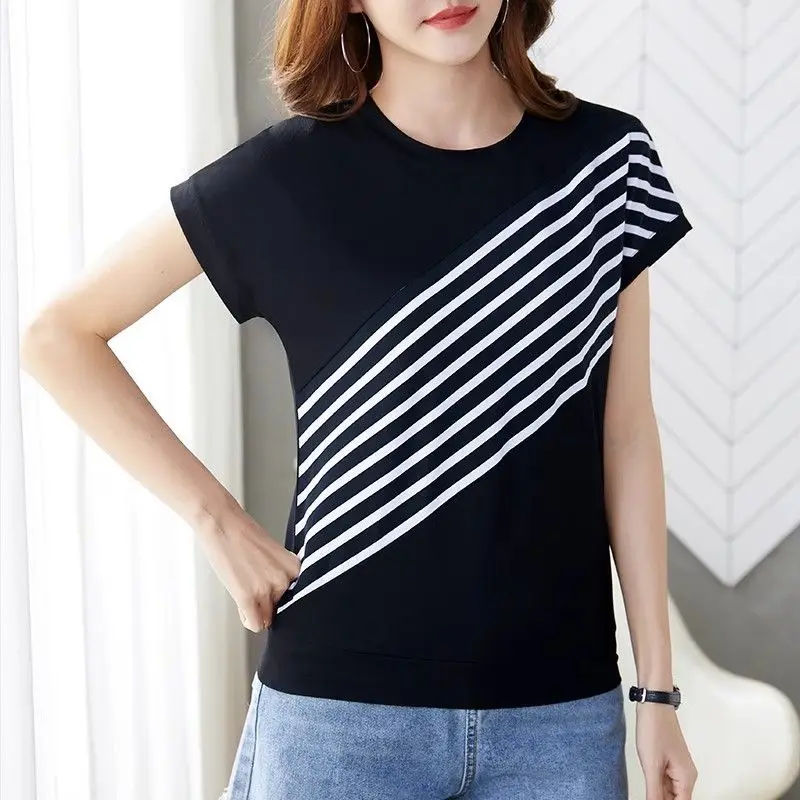 

Pure Cotton Round Neck Short-sleeved T-shirt Thin Summer New Loose Slim Splicing Striped Base Casual Top