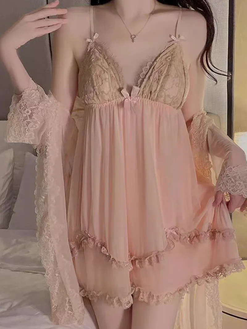 Women Sexy Suspenders Chest Cushions Pure Desire Style Lace V-neck Thin Style Mesh Sheer Dress Elegant High Waisted Sweet U0U8
