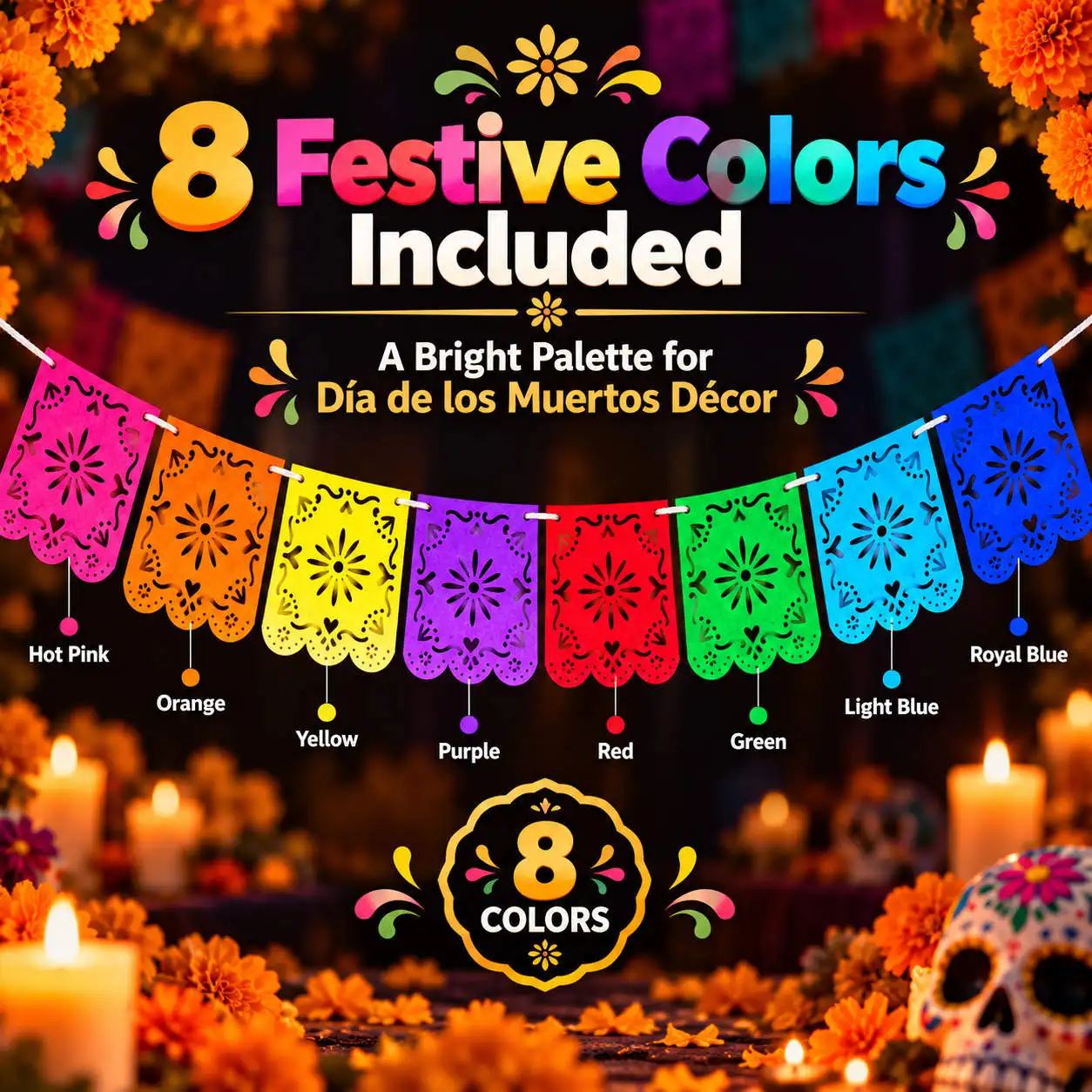 Mexikanische Partydekorationen Banner, Bunte Día De Los Muertos Papel Picado Banner, Karneval Geburtstag Babyparty Party Dekor – Detail 5