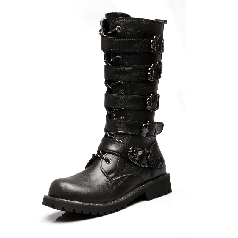 Botas de moto de cuero para hombre de invierno, botas de plataforma a media pantorrilla con cadena Punk, botas de combate militares góticas para hombre, botas de motociclista para hombre