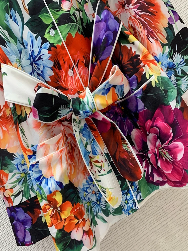 가을 여성 레저복 프린트 레이스 허리 포켓 긴팔 셔츠+엘라스틱 허리 와이드 레그 바지 패션 투피스 세트