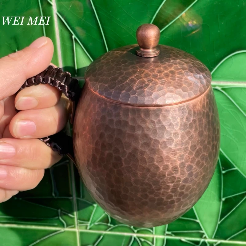 Vintage Pure Copper Coffee Mug,Camping With lid Breakfast Cup,Handcrafted Carving Hammer Texture Woven Gift Tea Mug Tableware view 4