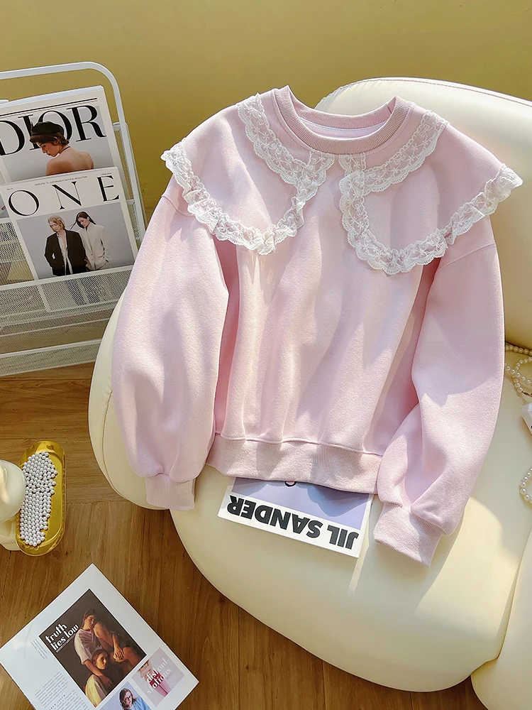 

Chic Korean Style Long Sleeve Loose Fit Lace Trim Splice Design Sweet School Girl Sweatshirt for Women Autumn Season