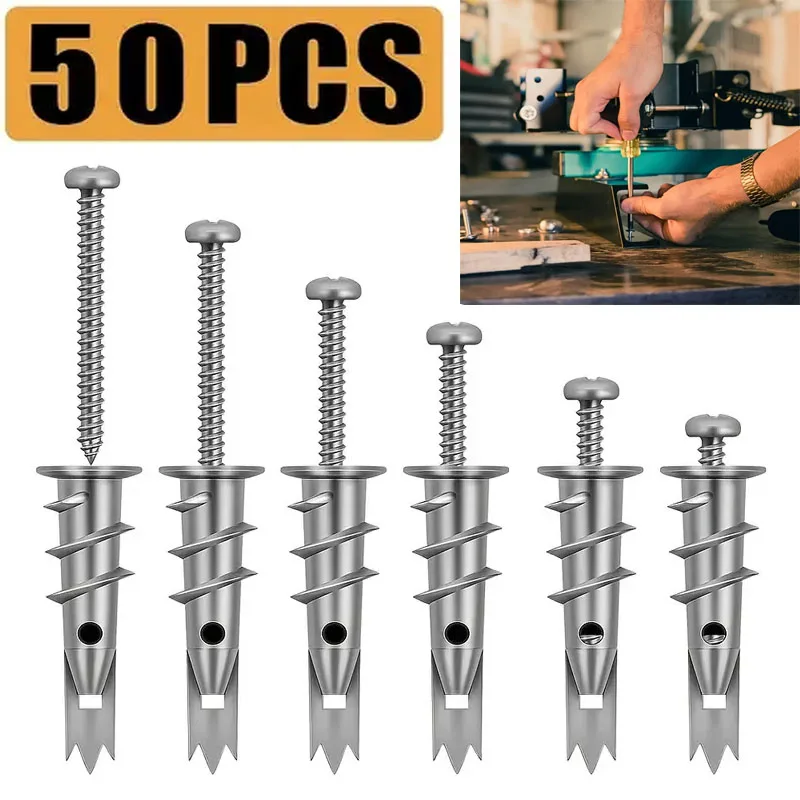 

50pcs Plasterboard Anchor Zinc Alloy Drywall Hollow-wall Self-drilling Wall Anchors 25#8 X 1-1/4'' Tapping Screw Drywall Bolt