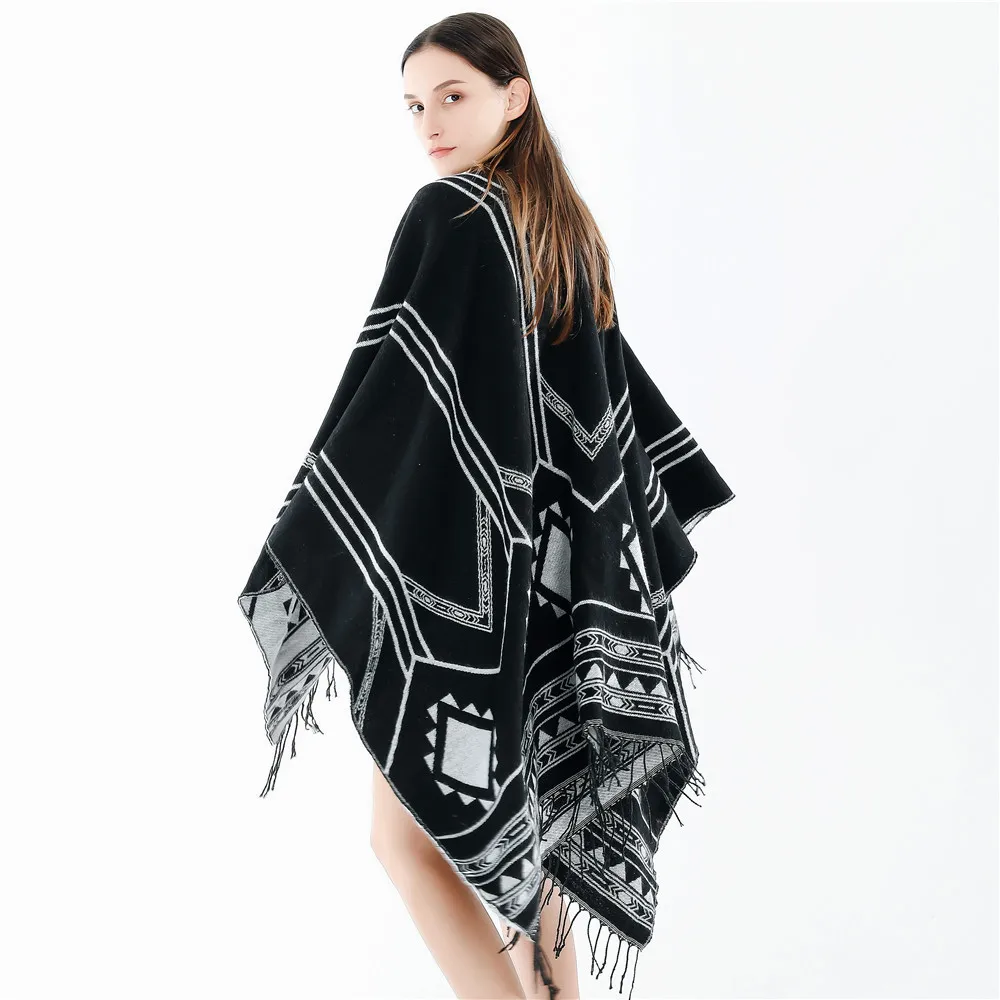 New Indian Nepalese Style Geometric Tassel Split Women Shawl Warm Air Conditioning Room Lady Cloak Poncho Capes Black Khaki