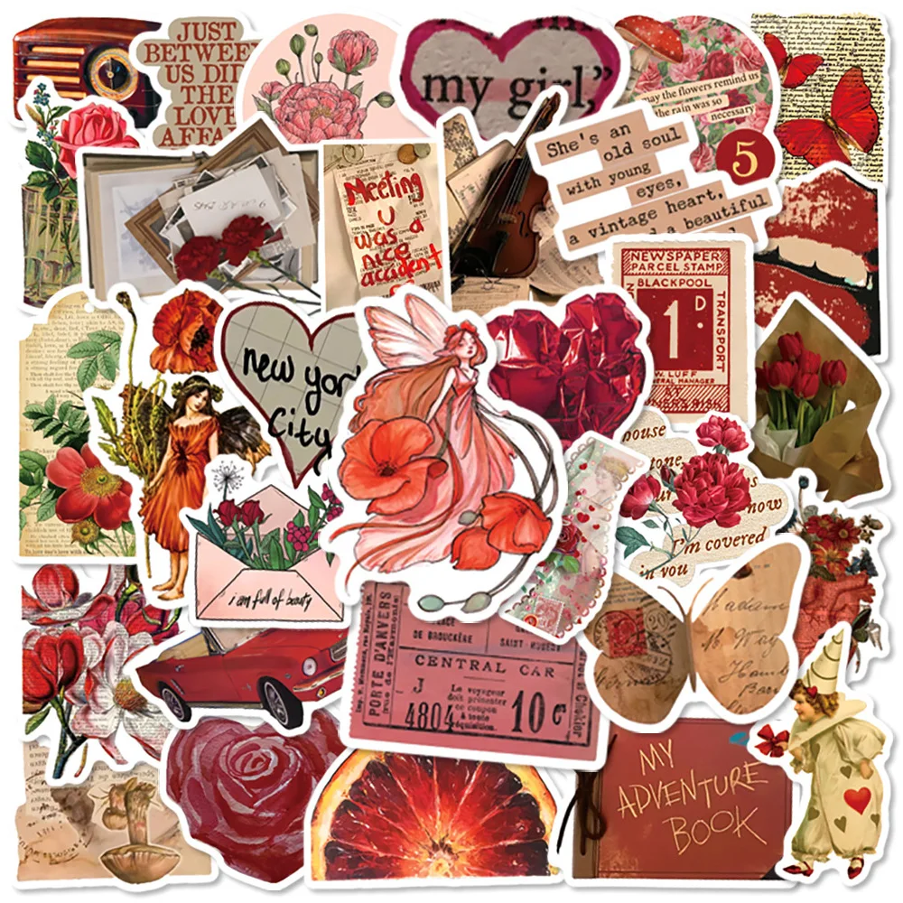 

10/30/50pcs Vintage Art Red Flower Stickers Aesthetic Graffiti Waterproof Decals DIY Stationery Cute Cartoon Sticker for Kid Toy