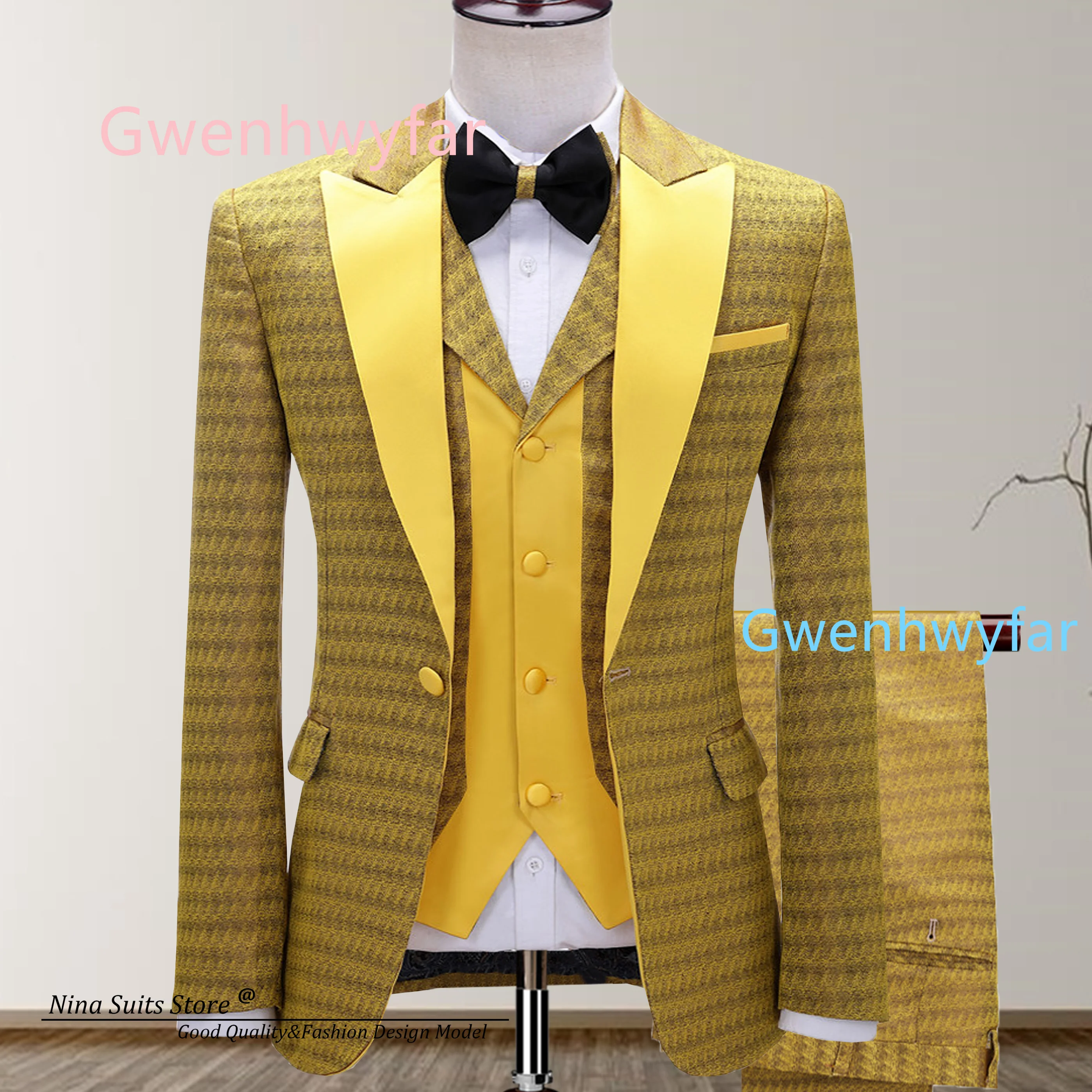 

G&N Golden Wheat Jacquard Suit 3-piece set 2026 Custom Men's Evening Suits Single Breasted Peak Lapel Jacket Spliced Vest Pants